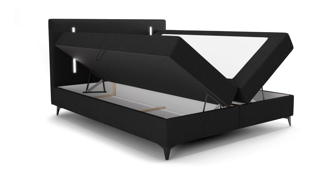 Bračni krevet 180 cm Ortega Comfort (crna) (s podnicom i madracem, s prostorom za odlaganje) (s LED rasvjetom)