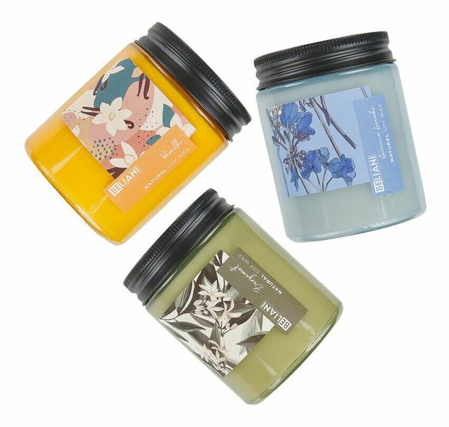 Sada 3 ks vonných sviečok bergamot/vanilka/levanduľa Baila (modrá)