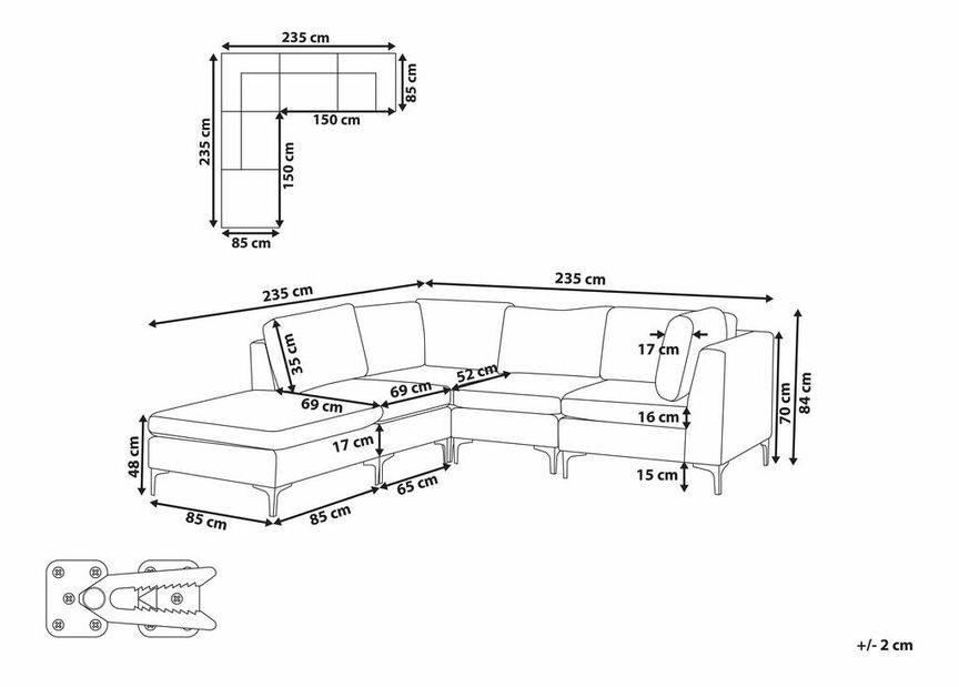 Sarokkanapé zsámollyal Eldridge (kék bársony) (J)