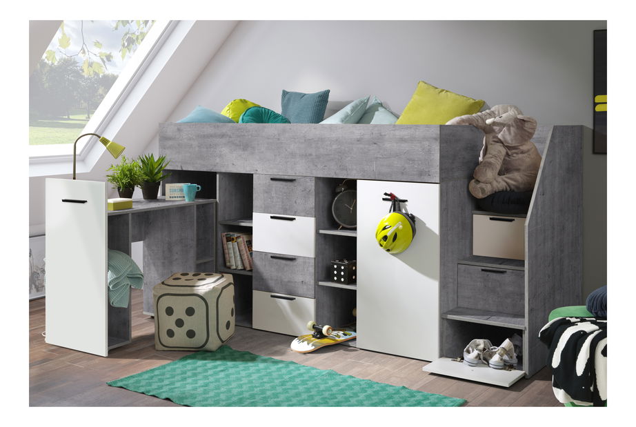 Detská kombinovaná posteľ 90 cm Kesa 3 (betón + matná biela) (P)