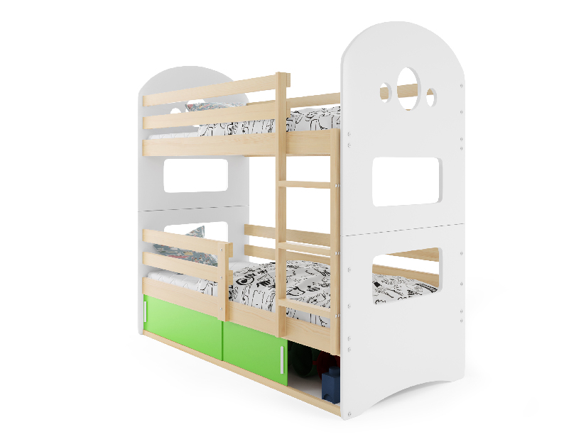 Krevet na kat 80 x 190 cm Domur (bor + zelena) (s podnicom, madracem i prostorom za odlaganje)