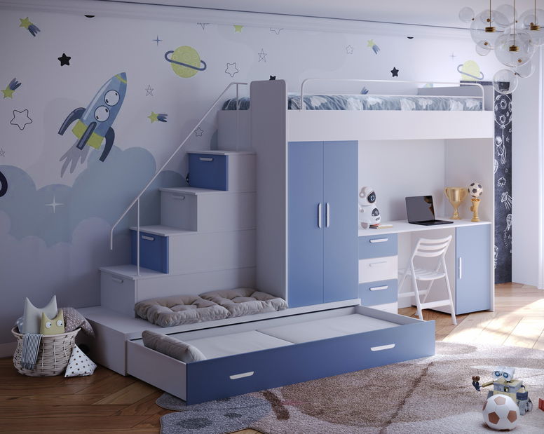 Pat pentru copii Ruby V (alb + albastru deschis) (cu somiere)