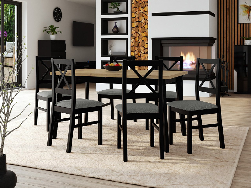 Asztal 6 székkel AL43 Amici (artisan tölgy + fekete + szürke)