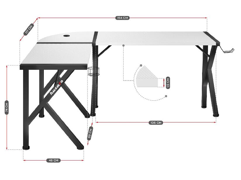 Kutni PC stolić Hyperion 6.3 (crna + bijela)