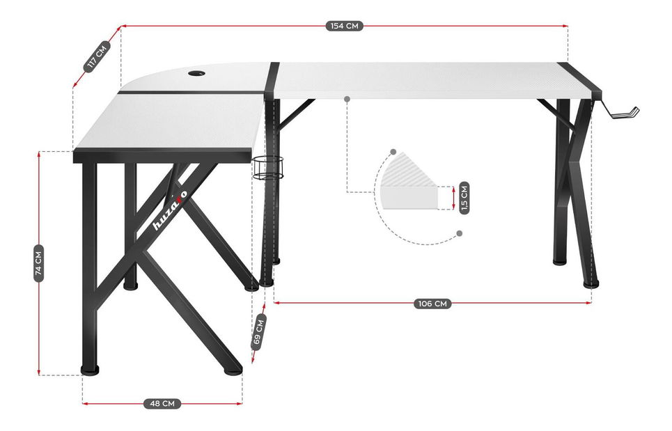 Rohový PC stolík Hyperion 6.3 (čierna + biela)