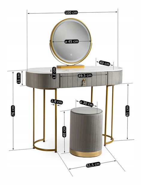 Toaletni stolić Afecto (siva + zlatna) (s tabureom i LED ogledalom)