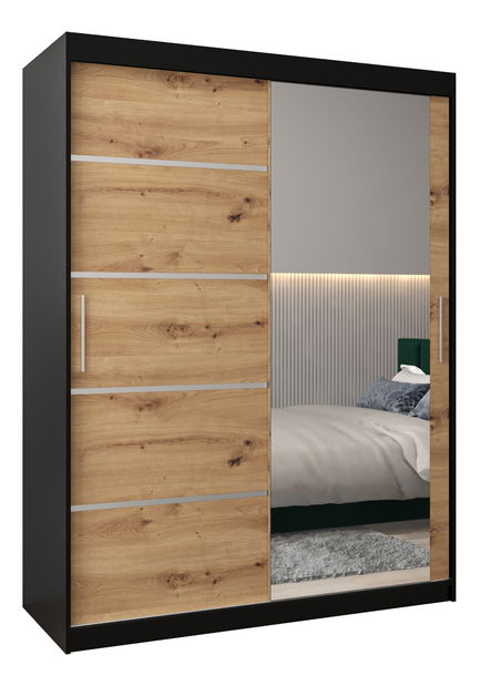 Šatníková skriňa 150 cm so zrkadlom Verika 2 150 (čierna + dub artisan)