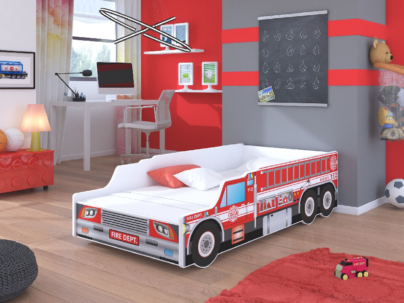 Dječji krevet 140x70 cm Požiarnik (s podnicom i madracem) (crvena)