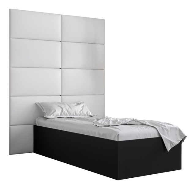 Pat de o persoană cu tăblie tapițată 90 cm Brittany 1 (Negru mat + Alb) (cu somieră)