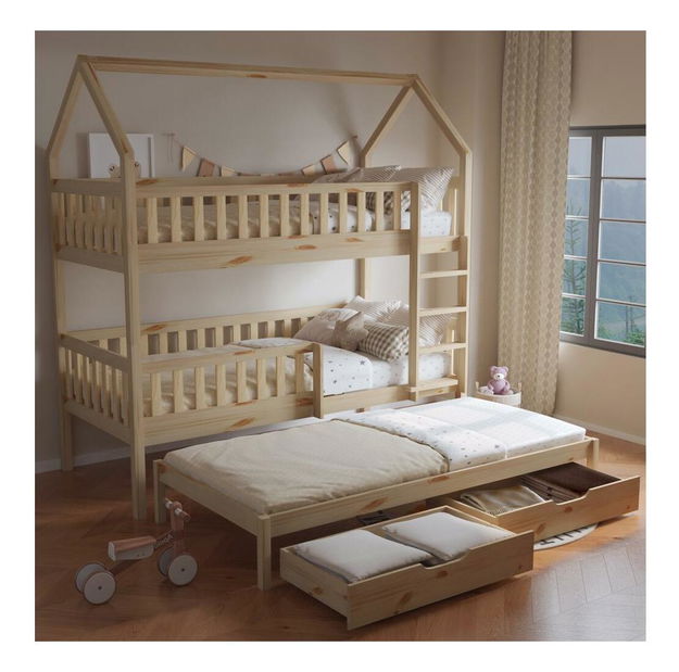 Detská poschodová posteľ s prístelkou 90 cm Virtuoso (prírodná) (s roštom) (s úl. priestorom)