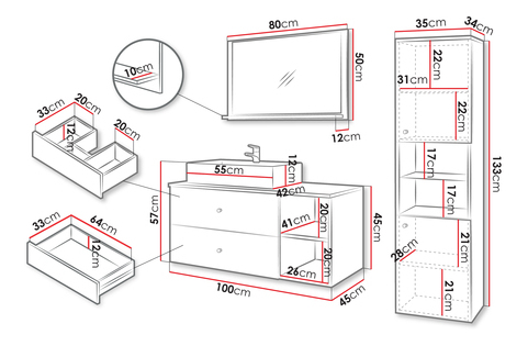 Mobilier baie Kiago II (Negru mat + Marmură Negru + auriu) (cu chiuvetă)