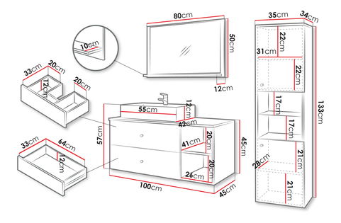 Set mobilier baie Kiago II (negru mat + marmură negru + auriu) (cu lavoar și sifon) *vânzare stoc