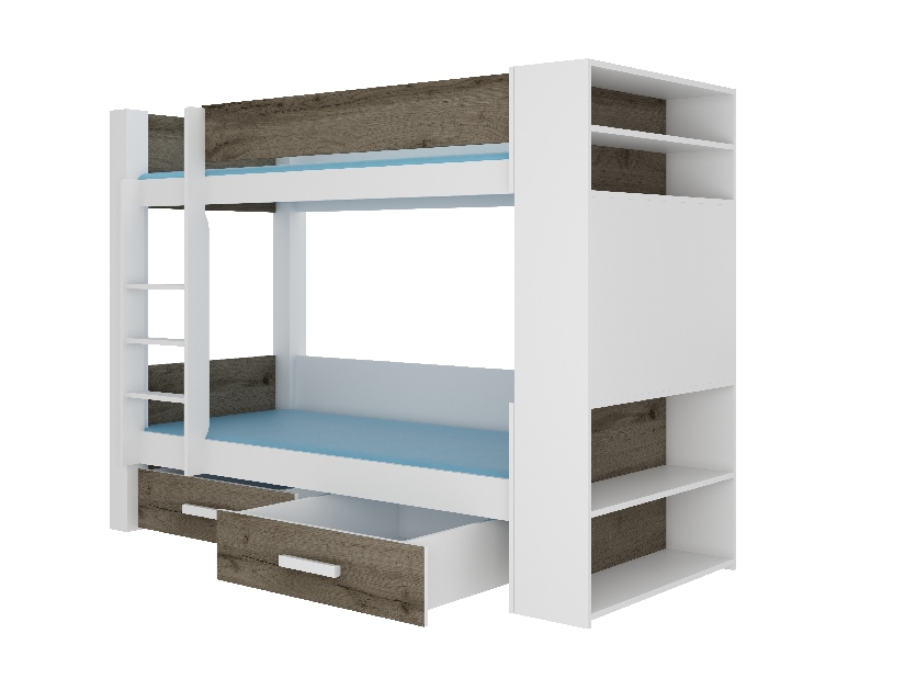 Poschodová detská posteľ 200x90 cm Gabriela (s roštom a matracom) (biela + dub sivý)