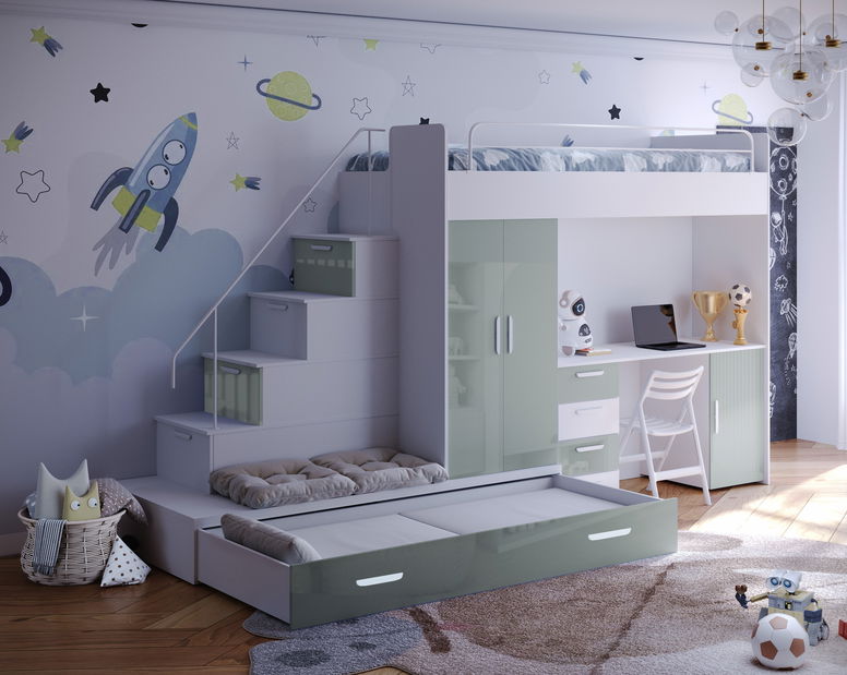 Pat pentru copii Ruby V (alb + mentă lucios) (cu somiere)