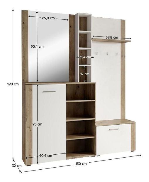 Set mobilier hol Fulgores (stejar artisan + alb) (cu oglindă)