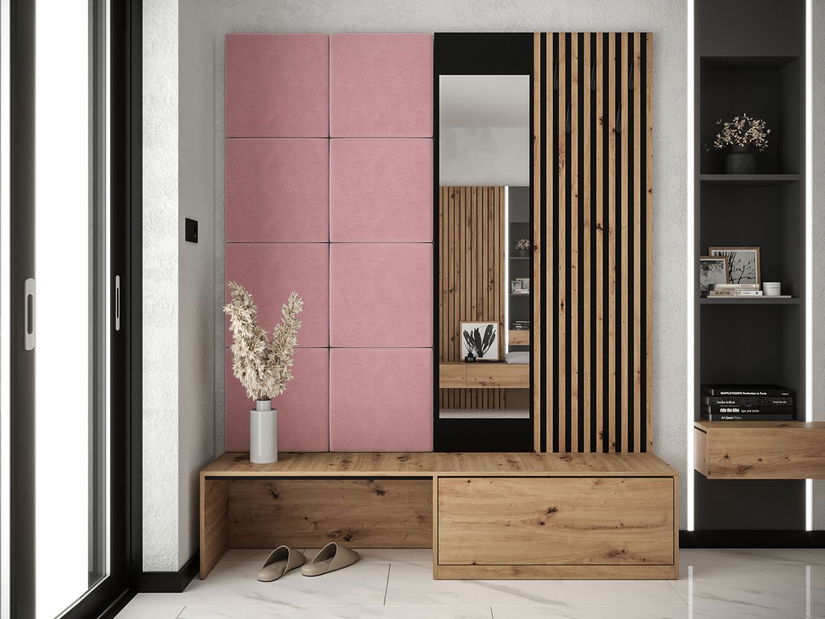 Mobilier hol Anrolat I (Stejar artisan + Negru + Roz) (cu oglindă)