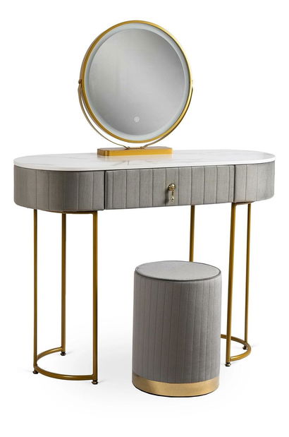 Toaletni stolić Afecto (siva + zlatna) (s tabureom i LED ogledalom)