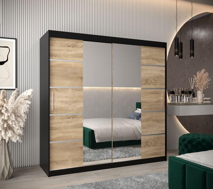 Dulap de haine 200 cm Verika 4 200 (negru + stejar sonoma)