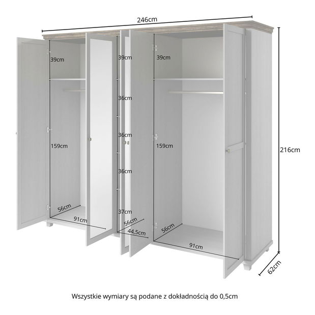 Ruhásszekrény tükörrel Elvina S Typ 21 (fehér hamu + lefkas tölgy)