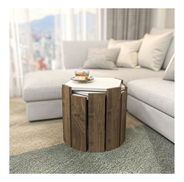 Set 3 măsuțe cafea Lorizolla (alb + nuc)