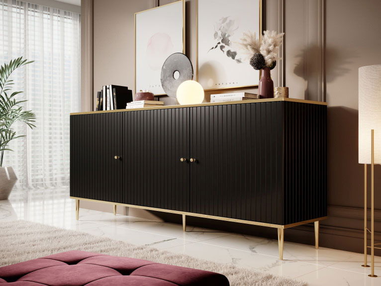 Comodă Ginette (Negru + Lemn natural + Auriu)