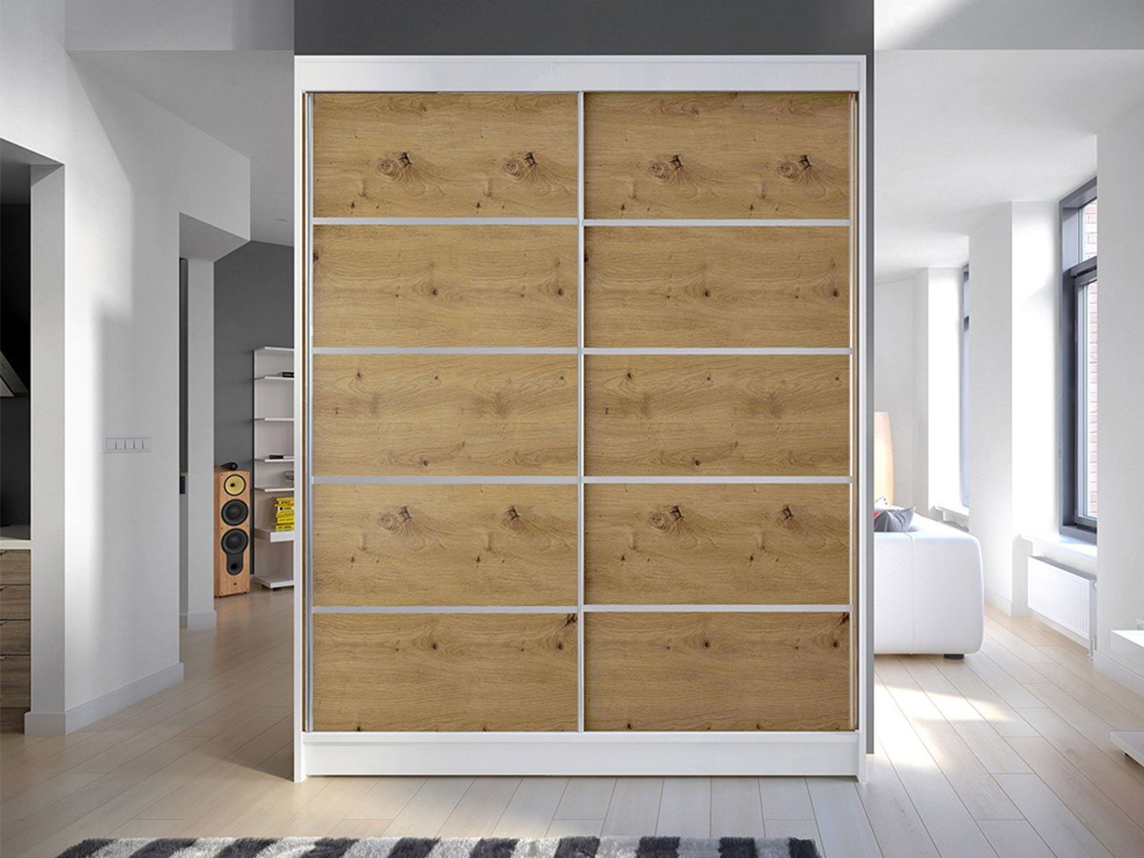 Szekrény tolóajtókkal Bianca IV (fehér + kézműves tölgy) (világítás nélkül)