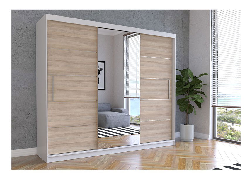 Ormar za garderobu Arrun (bijela + hrast sonoma + ogledalo)