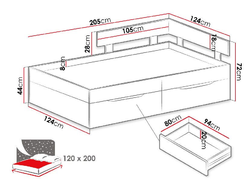 Jednolôžková posteľ 90 cm PR15 / PR16 L/P Hallem (Biely + Beton)