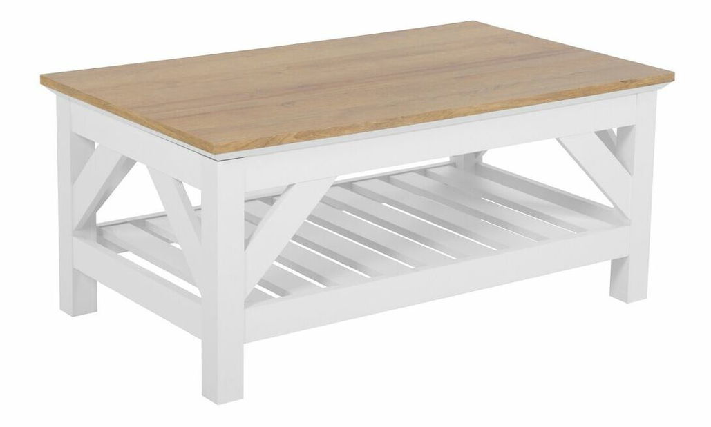 Konferenčný stolík Seville (biela) (s doskou z prírodného dreva)