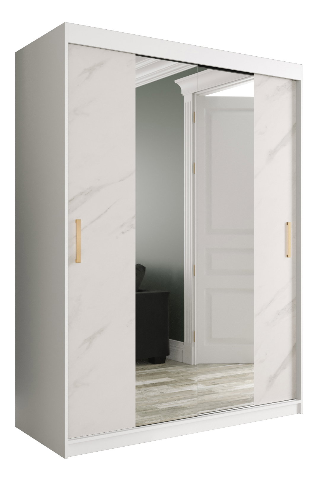 Ruhásszekrény 150 cm Marbelo T1 (matt fehér + fehér márvány)