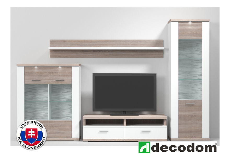 Obývacia stena Decodom Brooklyn Kombinácia 01 (biela arctic vysoký lesk + dub pílený bardolíno)