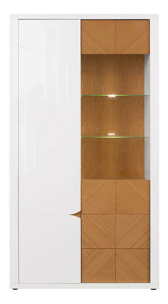 Vitrína BRW Rovika REG1D1W2S (lesk biely + dub prírodný) (s LED osvetlením)