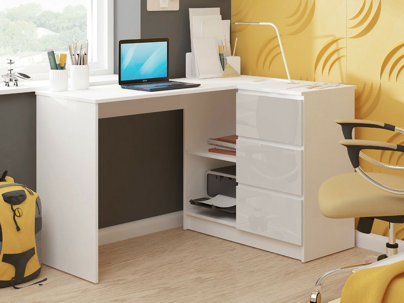 Masă PC de colț Bodhi (alb + metalic lucios) (D)
