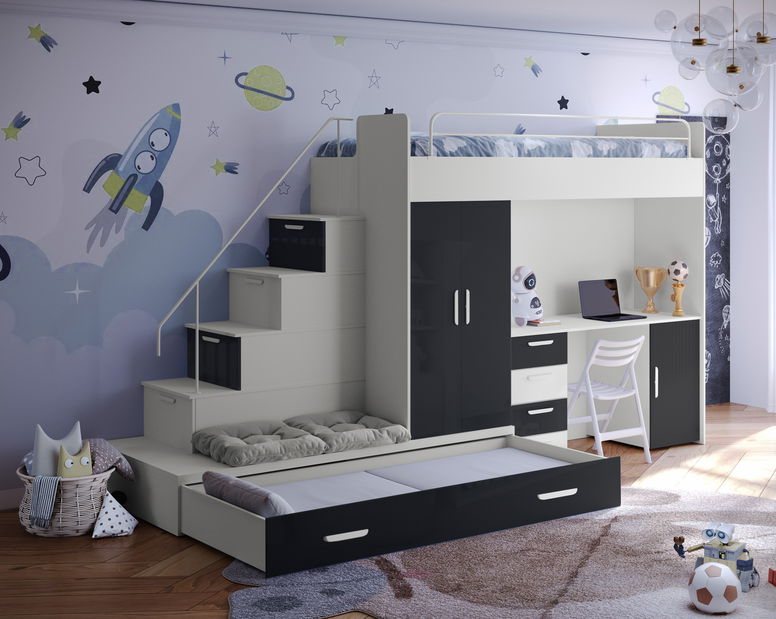 Pat pentru copii Ruby V (cașmir + negru lucios) (cu somiere)