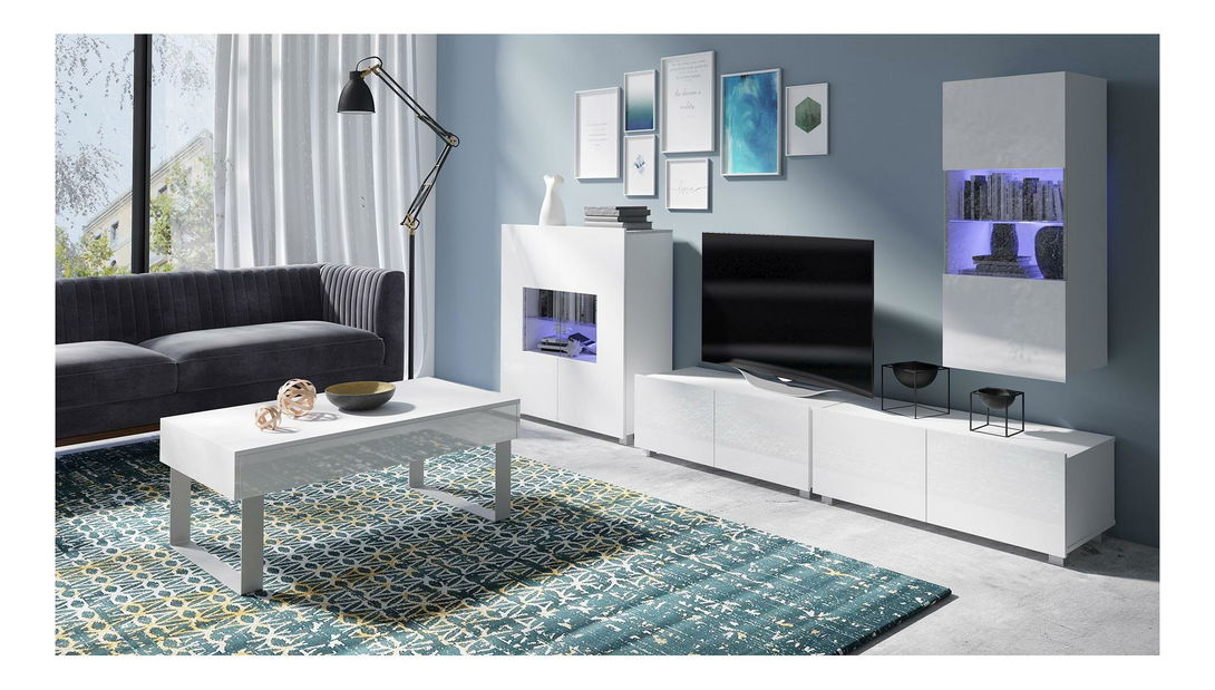 Mobilier living Calabria 1 (alb mat + alb lucios) (cu iluminat)