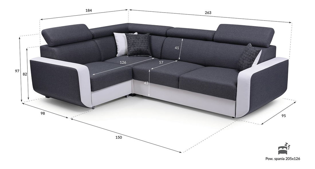 Rohová sedačka Enriko (tmavosivá + biela) (L)