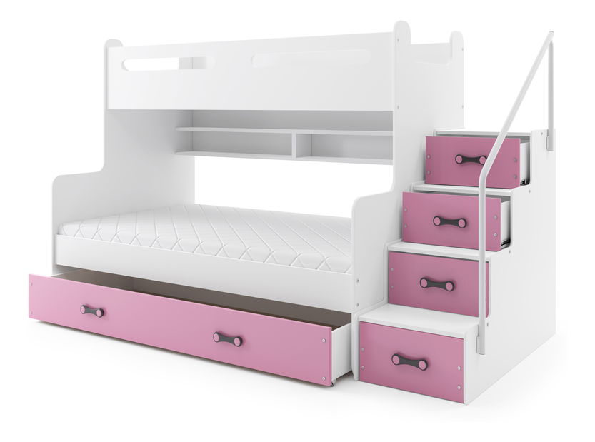 Pat etajat 120 x 200 cm Moxxo 3 (Alb + Roz) (cu somiere, saltele și sp. depozitare)
