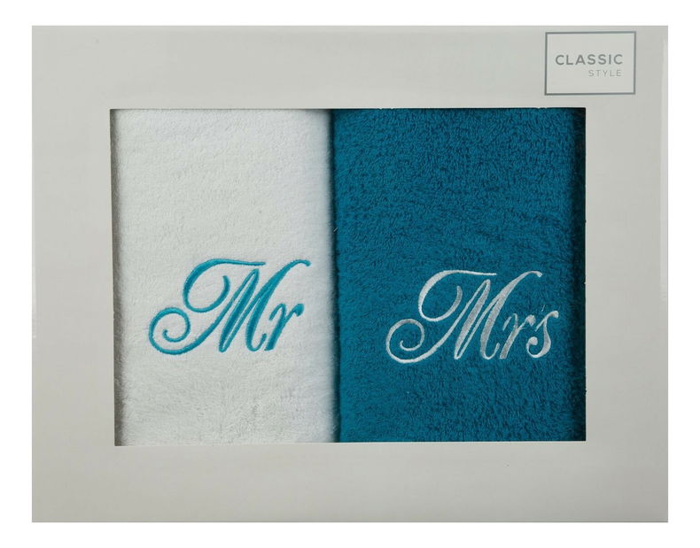 Set ručnika 50x90 cm Mr Mrs (bijela + tirkizna)