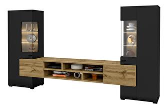 Mobilier living Cobie Typ 10 (Negru + Stejar wotan) (cu iluminat)