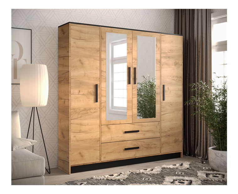 Ruhásszekrény 201 cm Marine 2 (tükörrel) (arany craft tölgy + fekete)