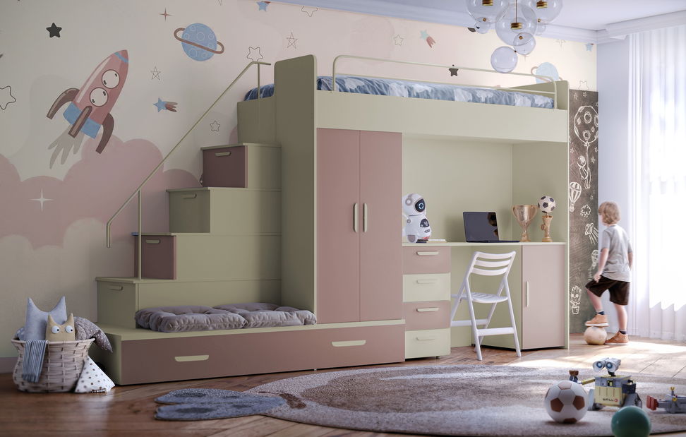 Pat pentru copii Ruby V (cașmir + roz) (cu somiere)