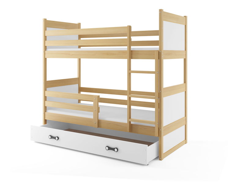 Krevet na kat 90 x 200 cm Ronnie B (bor + bijela) (s podnicom, madracem i prostorom za odlaganje)