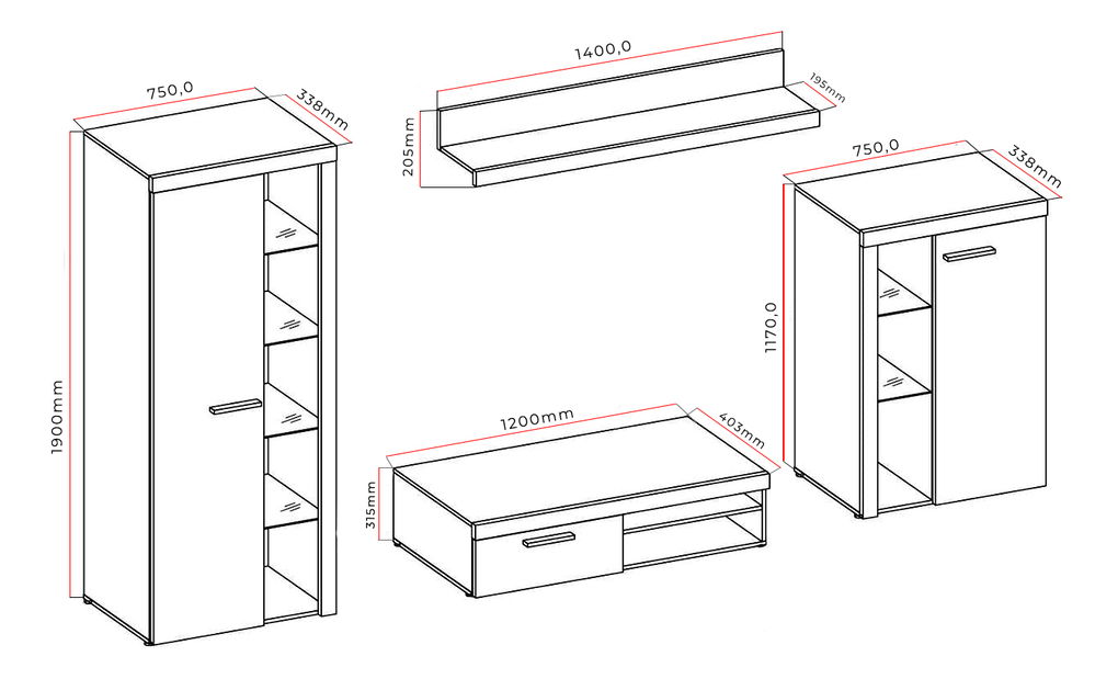 Nappali fal Rudby (fehér + beton) (világítás nélkül) *bazár