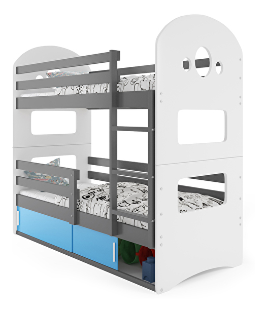 Poschodová posteľ 80 x 190 cm Domur (grafit + modrá) (s roštami, matracmi a úl. priestorom)
