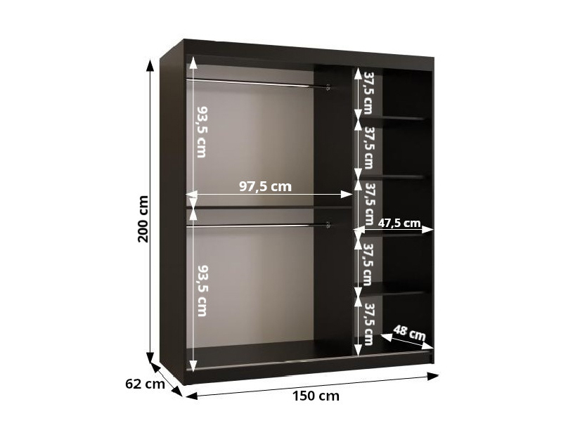 Ormar za garderobu Riven 2 150 (crna mat) (s ogledalom)