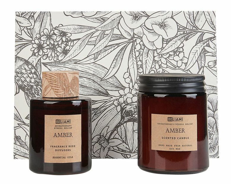 Lumânare din ceară de soia , difuzor cu bețișoare cu parfum de chihlimbar Ember (maro)