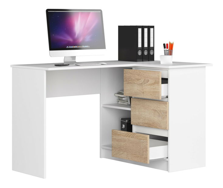 Masă PC de colț Bodhi (alb + stejar sonoma) (D)