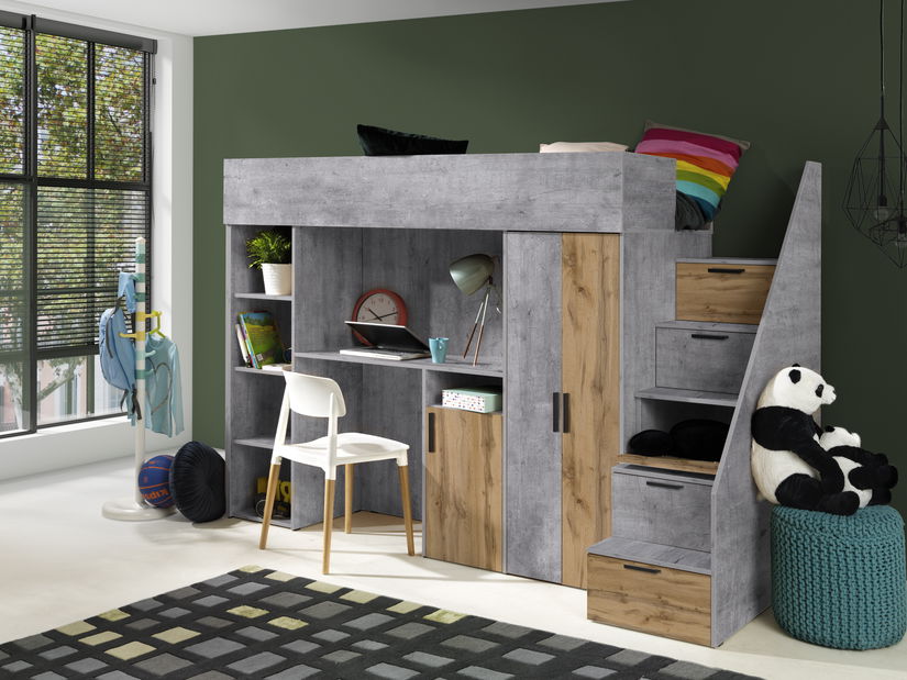 Pat pentru copii combinat 90 cm Kesa 14 (beton + stejar wotan)