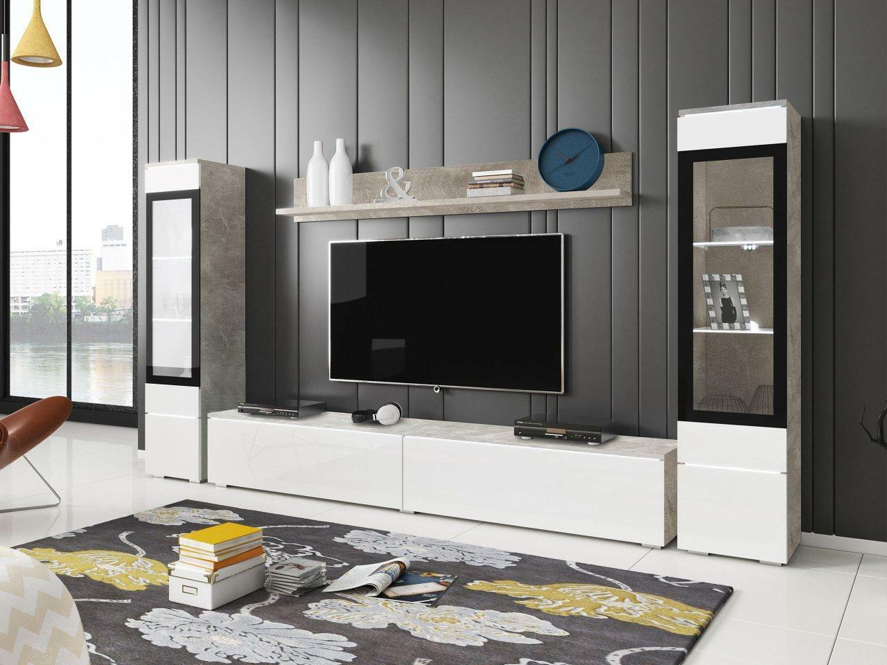 Nábytok do obývacej izby Selwyn II (betón + biely lesk) (osvetlenie led biele)