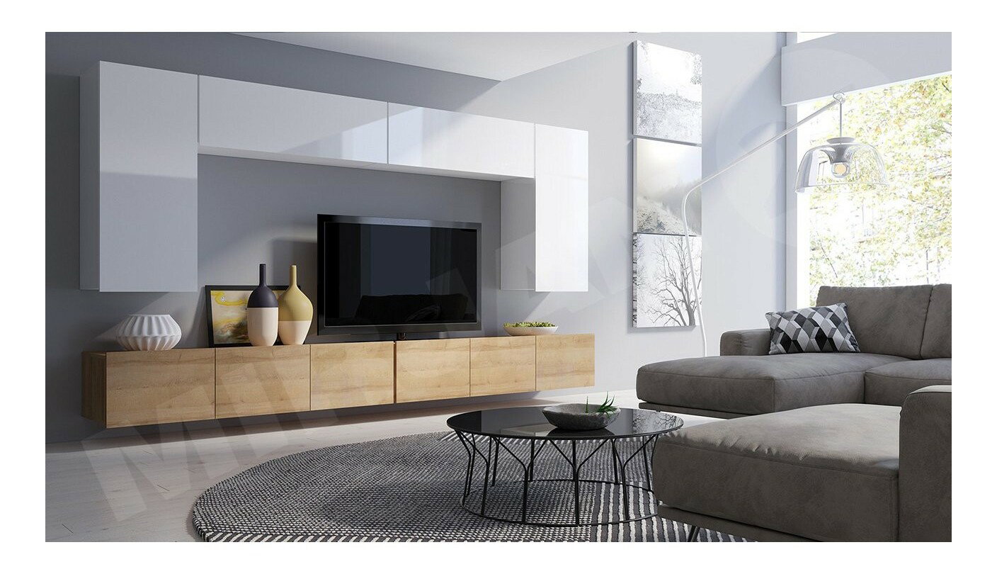 Mobilier living Brolani XIII (Stejar auriu + Alb + lucios Alb) 